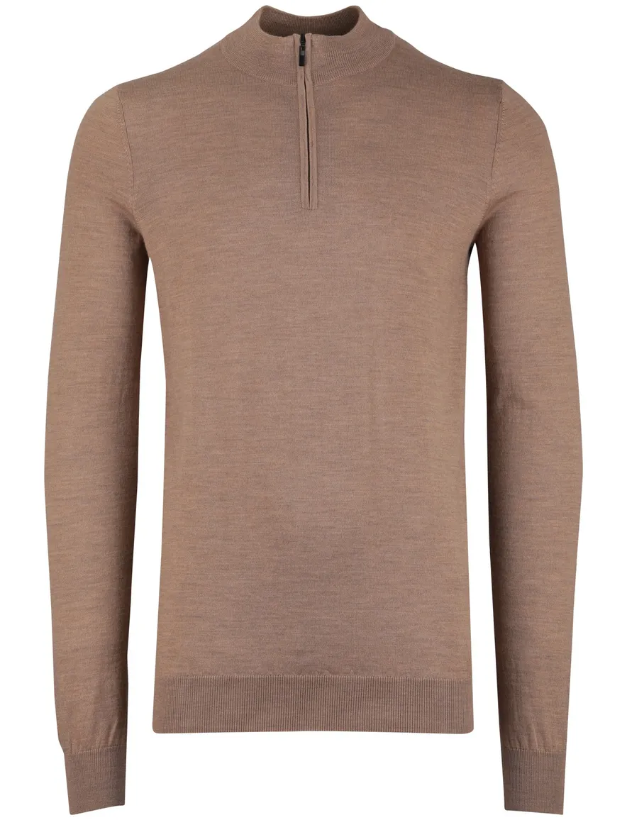 Portofino trui half zip effen beige normale fit merinowol