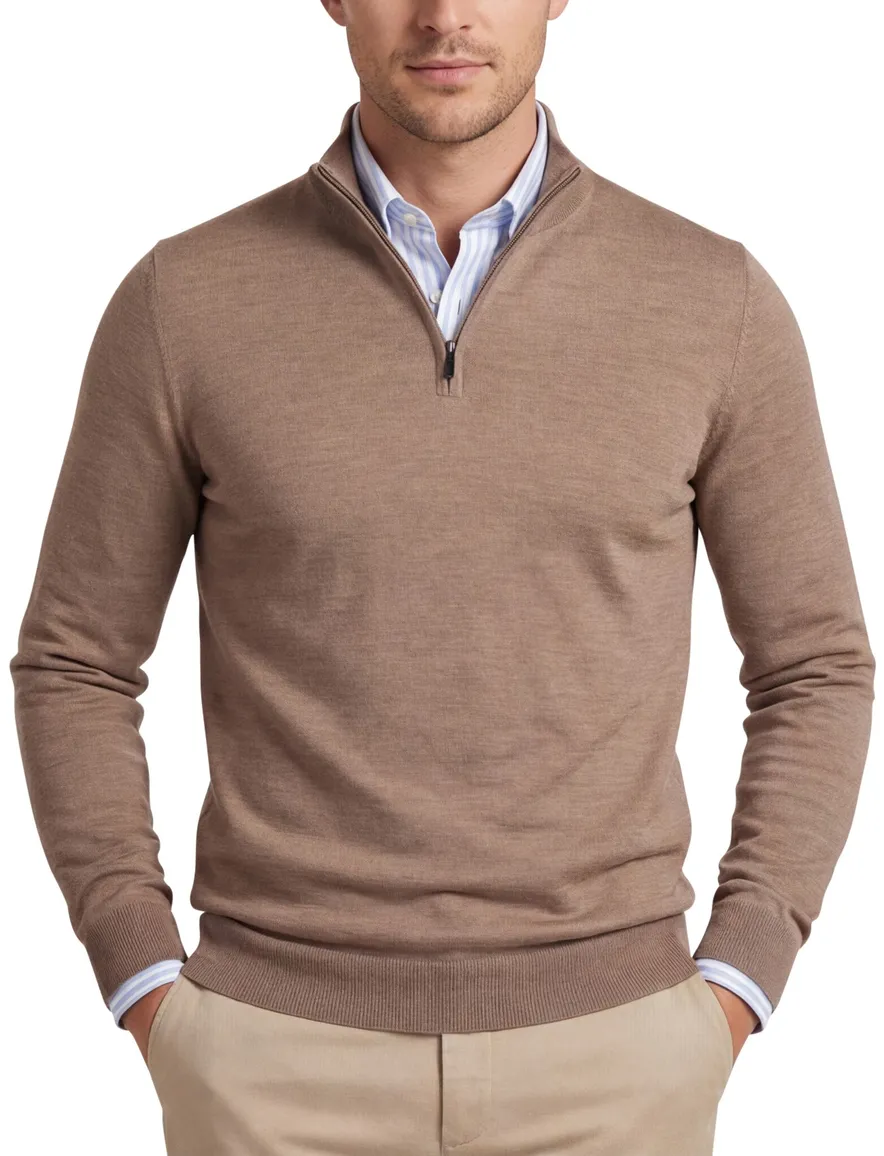 Portofino trui half zip effen beige normale fit merinowol
