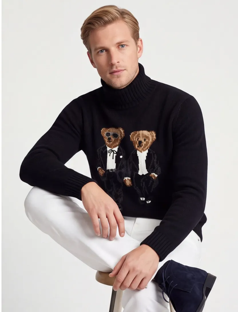 Zwarte wol turtleneck Polo Ralph Lauren Bear gebreide opdruk