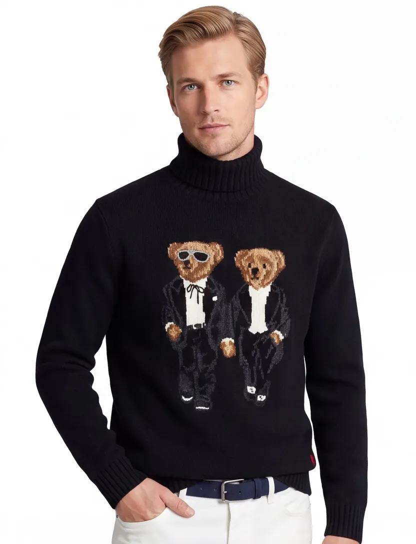 Zwarte wol turtleneck Polo Ralph Lauren Bear gebreide opdruk
