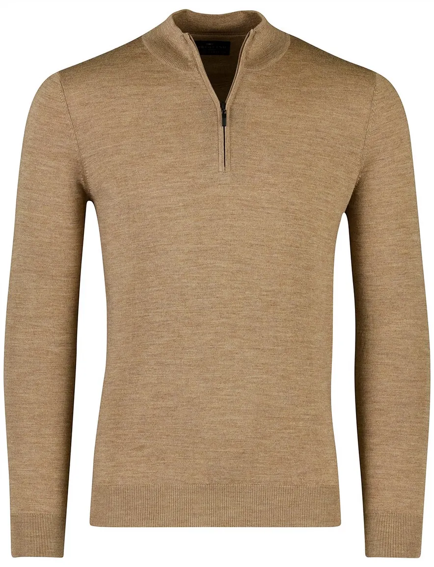 Portofino gemeleerde trui beige half zip merinowol