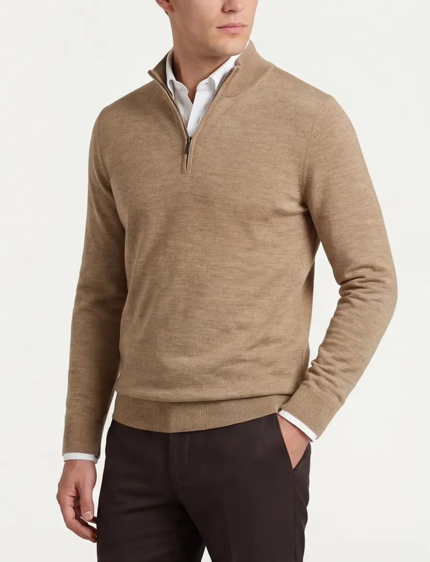 Portofino gemeleerde trui beige half zip merinowol