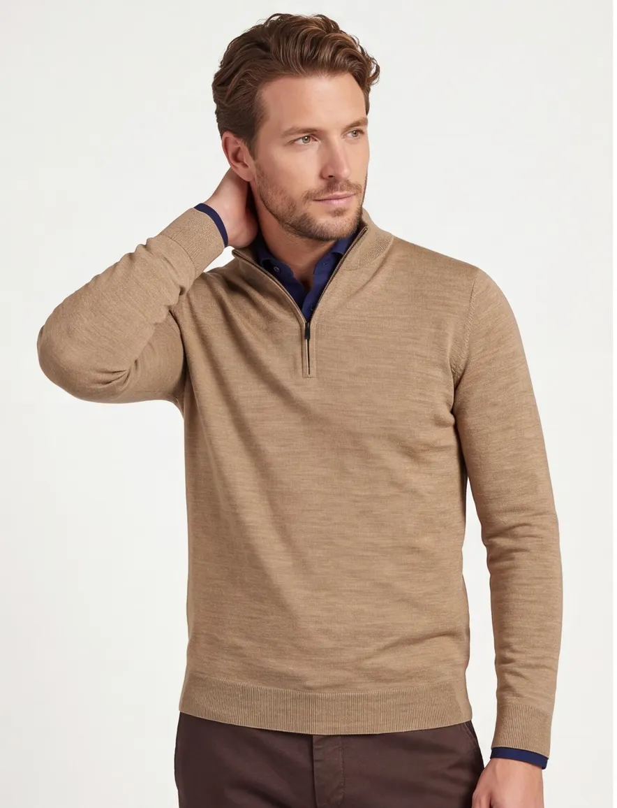 Portofino gemeleerde trui beige half zip merinowol