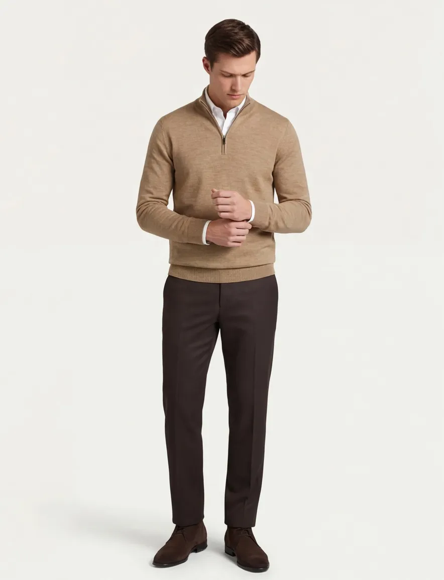 Portofino gemeleerde trui beige half zip merinowol