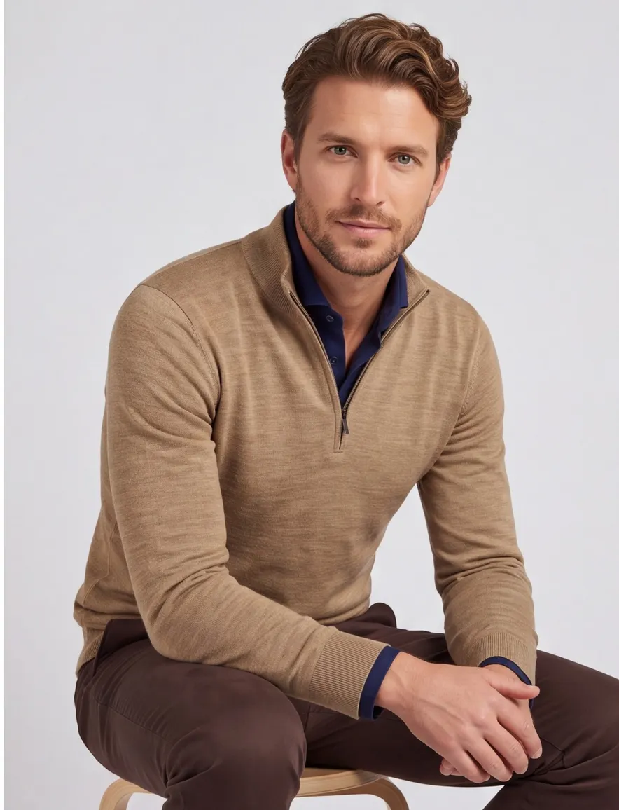Portofino gemeleerde trui beige half zip merinowol