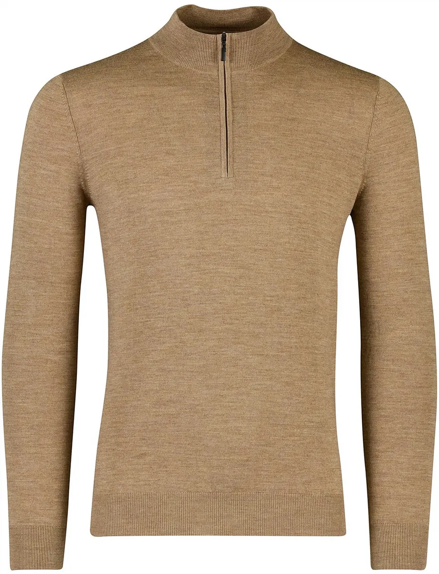 Portofino gemeleerde trui beige half zip merinowol