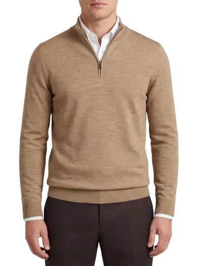 Portofino Portofino gemeleerde trui beige half zip merinowol