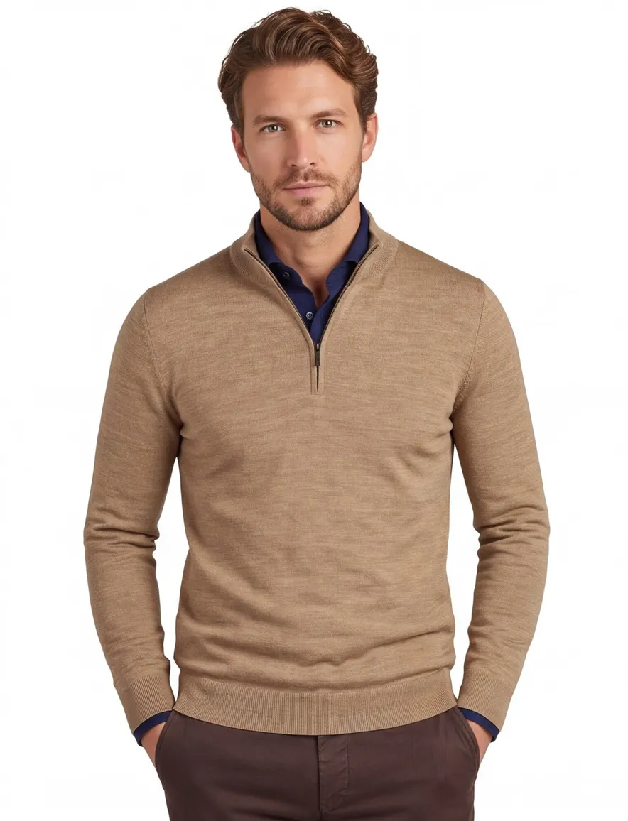 Portofino gemeleerde trui beige half zip merinowol