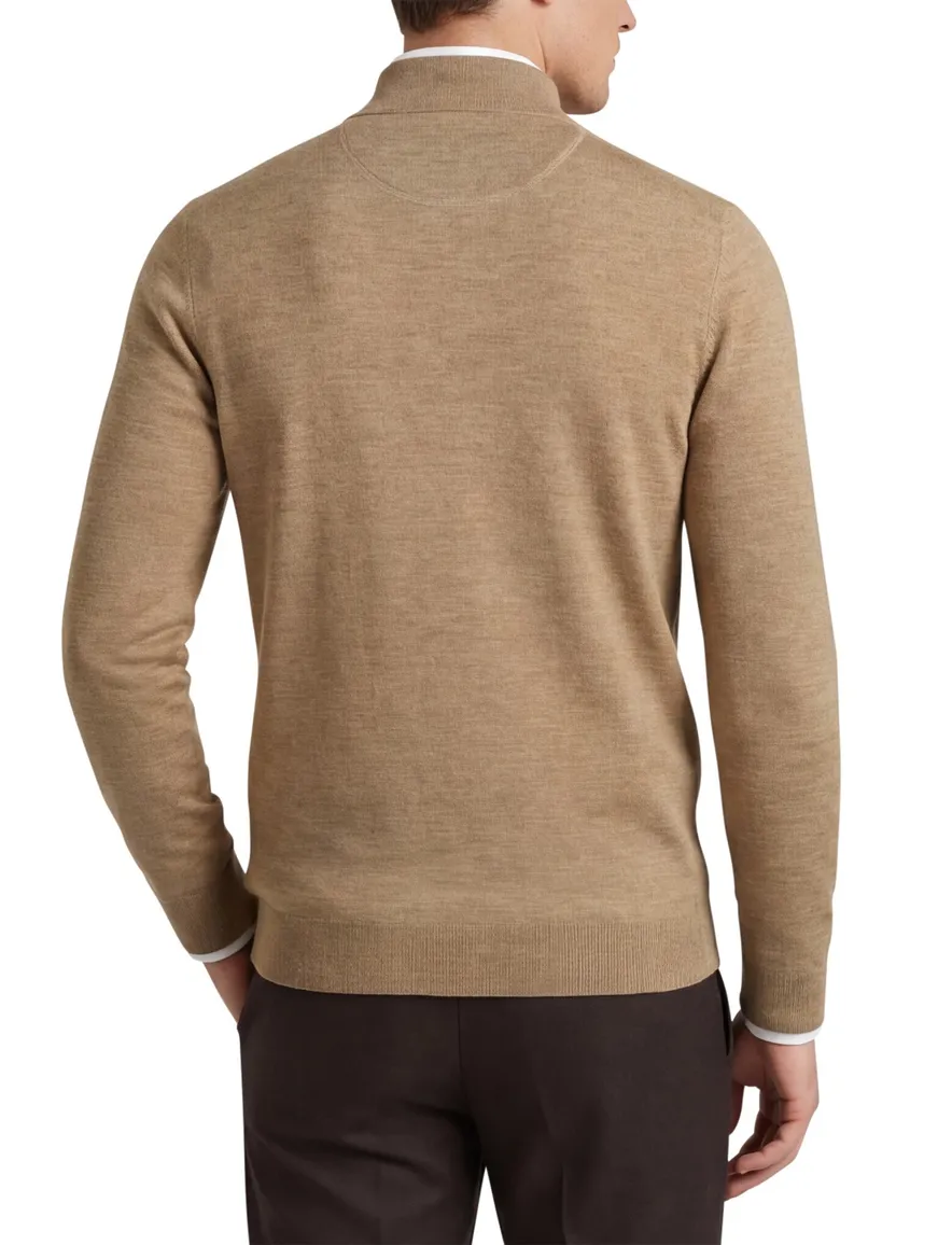 Portofino gemeleerde trui beige half zip merinowol