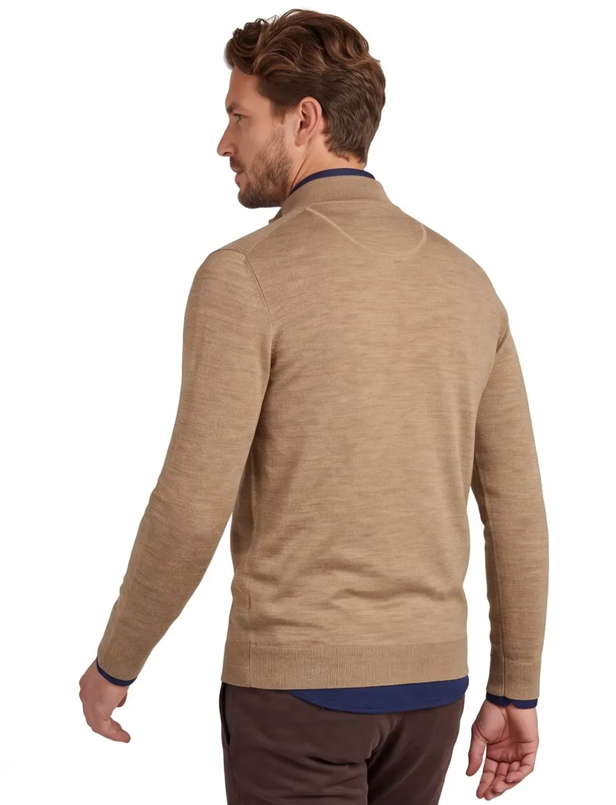 Portofino gemeleerde trui beige half zip merinowol