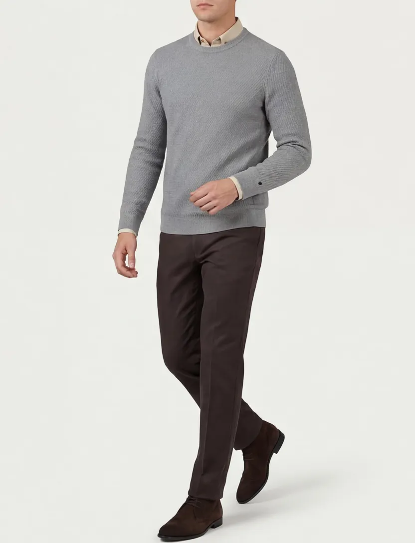 Cast Iron trui slim fit ronde hals grijs effen