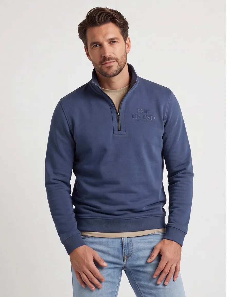Pme legend half zip trui blauw effen katoen