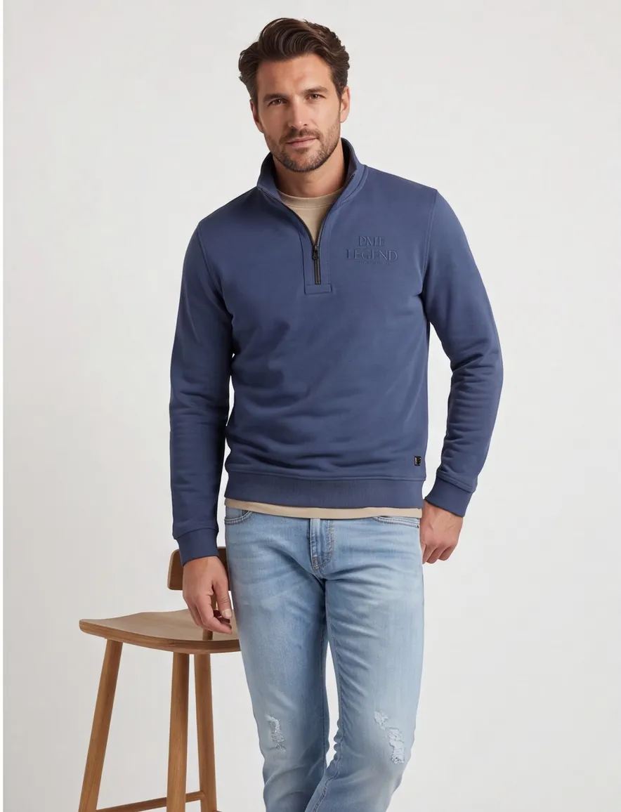 Pme legend half zip trui blauw effen katoen