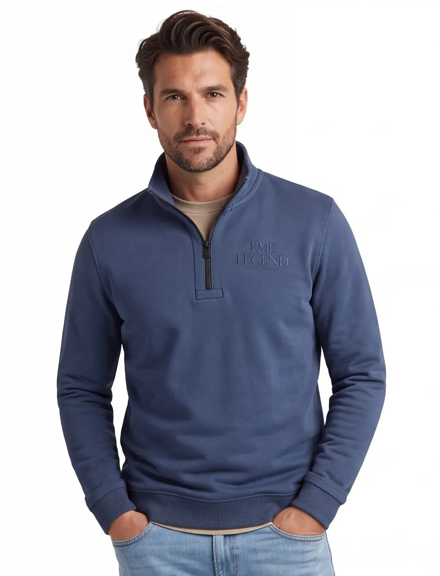 Pme legend half zip trui blauw effen katoen