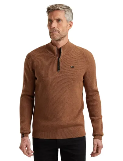 Vanguard Vanguard Trui Bruin Half Zip zwarte rits opstaande kraag