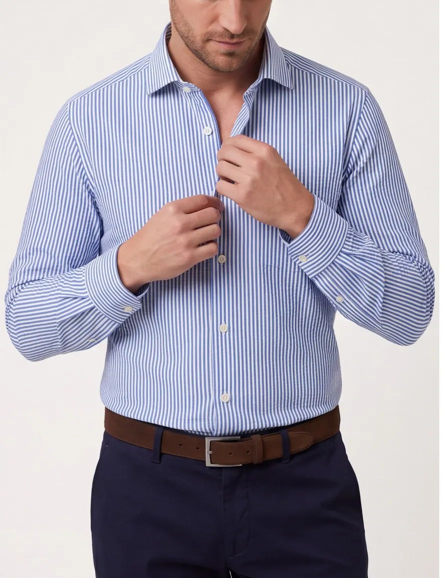 Olymp overhemd Level Five Body Fit gestreept blauw