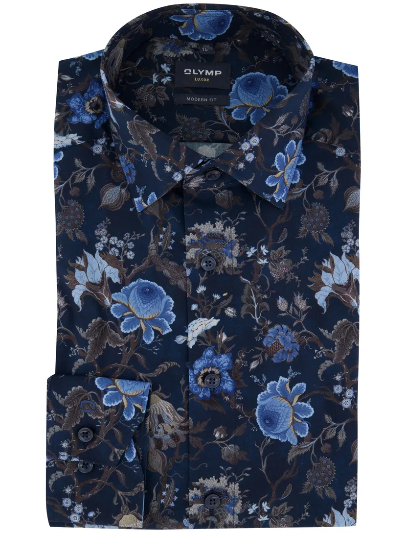 Donkerblauw patroon Olymp Modern Fit overhemd
