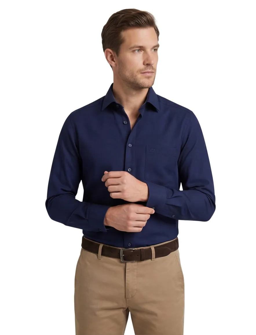 Overhemd Modern Fit donkerblauw effen katoen