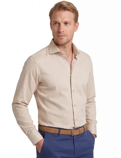 Ledub Ledub overhemd mouwlengte 7 lichtbeige modern fit