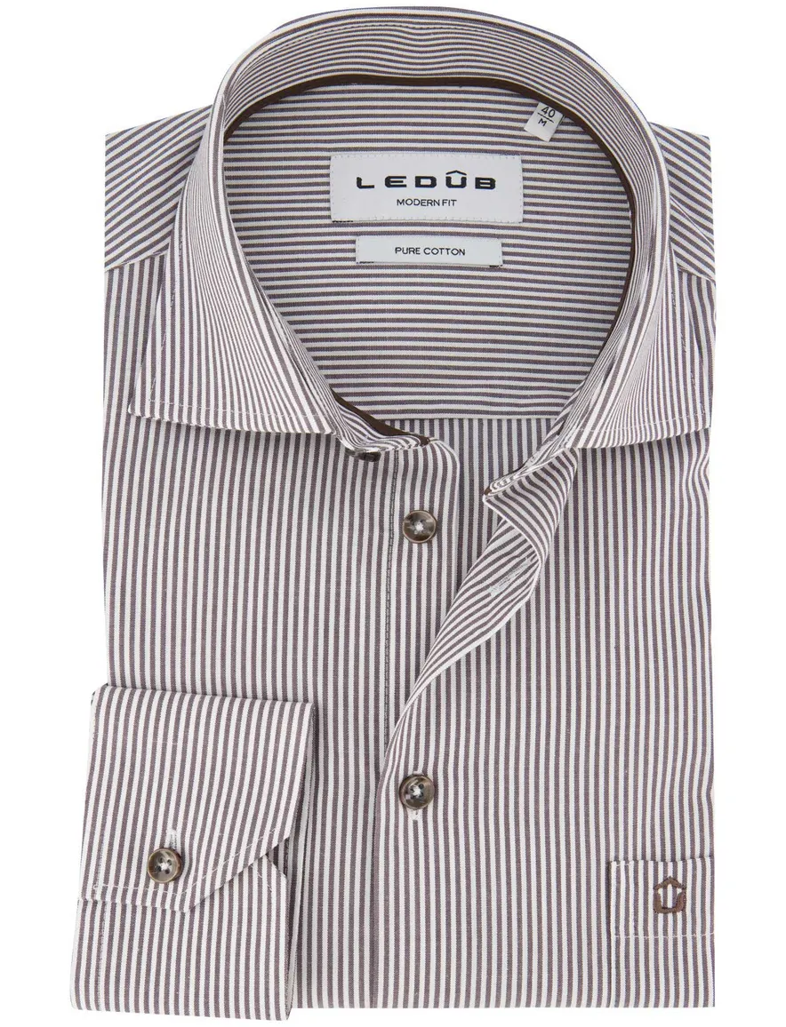 Ledub Overhemd Modern fit bruin wit gestreept