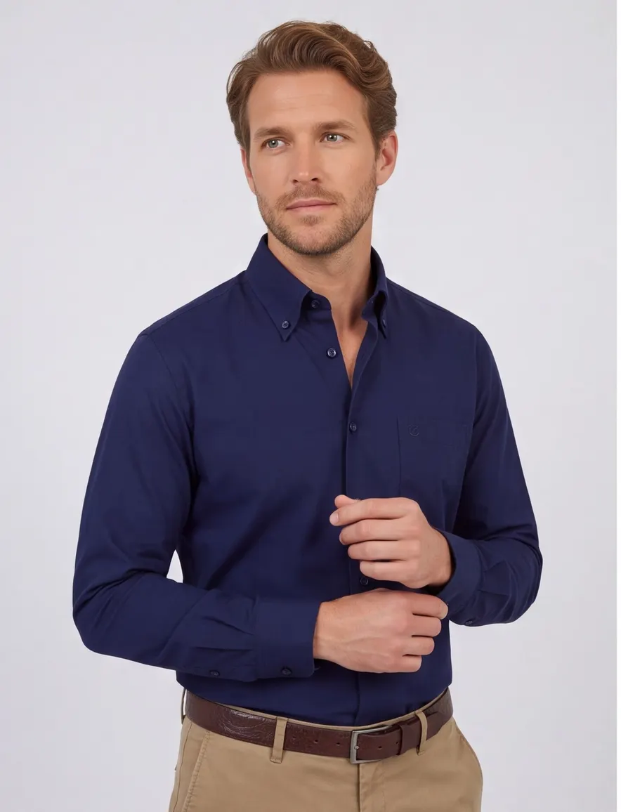 Ledub overhemd navy pure cotton modern fit