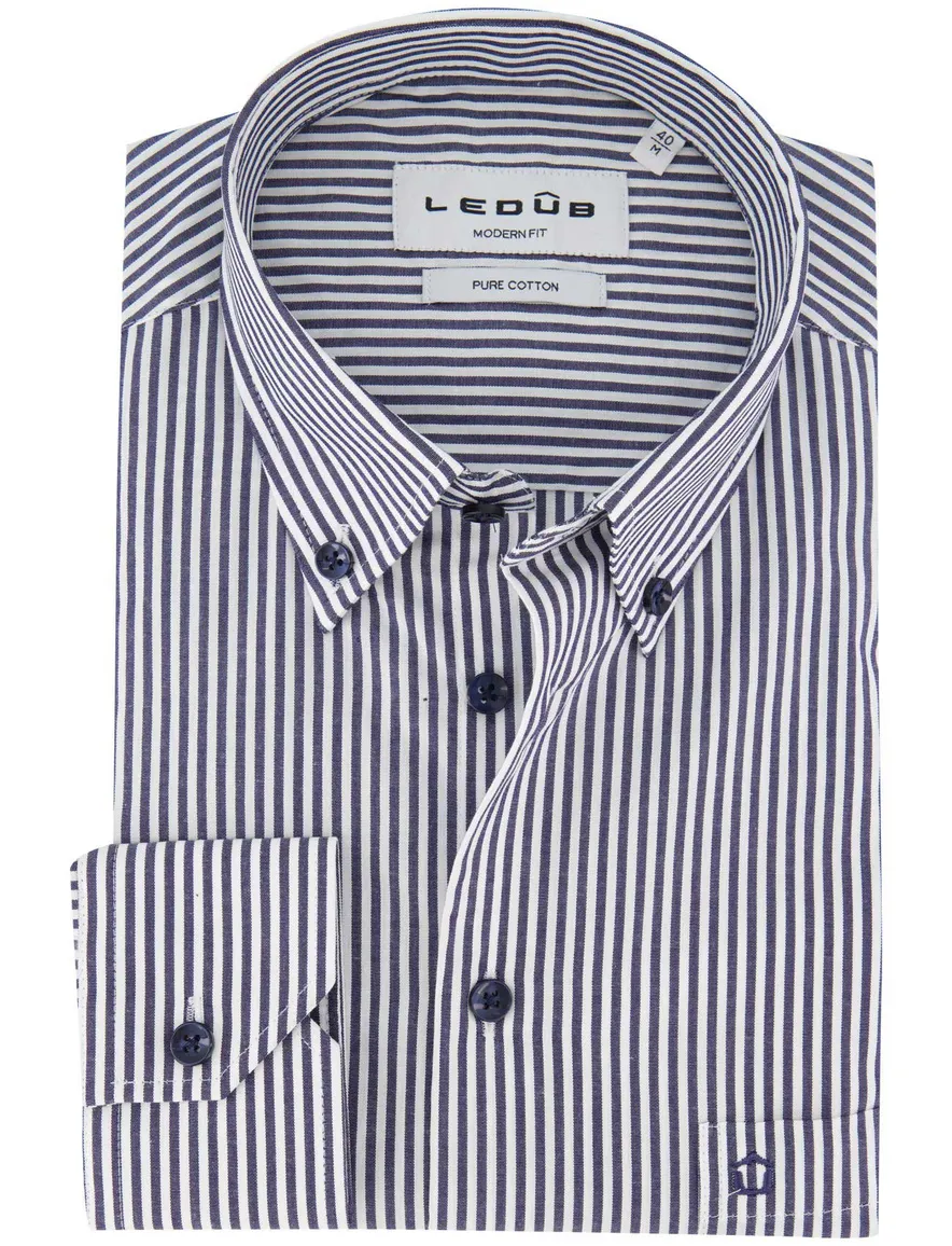 Ledub Overhemd Modern fit d.blauw wit gestreept