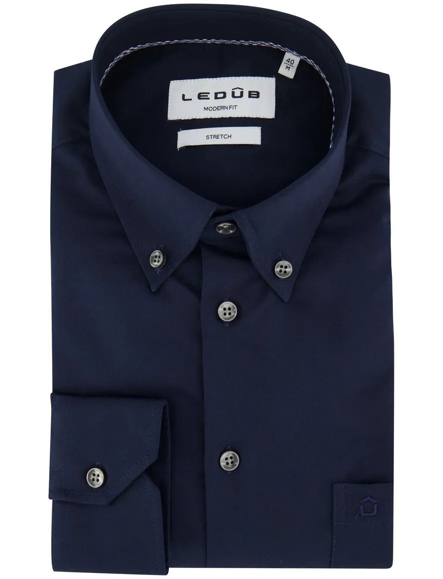 Ledub modern fit overhemd stretch blauw effen