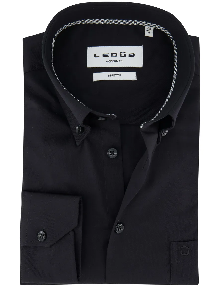 Ledub modern fit overhemd stretch zwart met borstzak