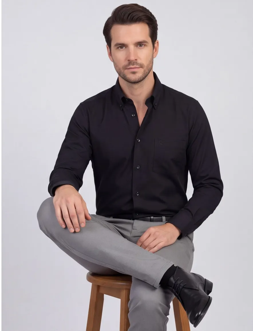Ledub modern fit overhemd stretch zwart