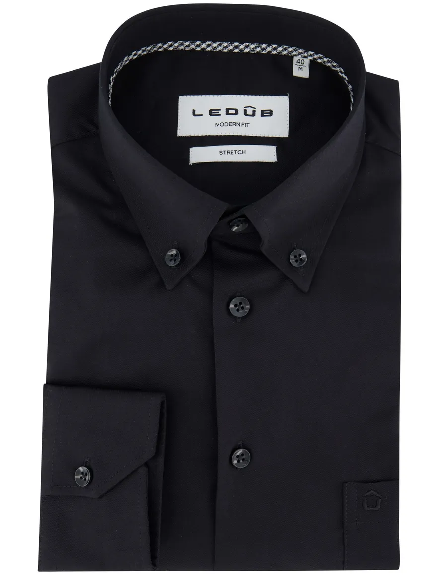 Ledub modern fit overhemd stretch zwart met borstzak