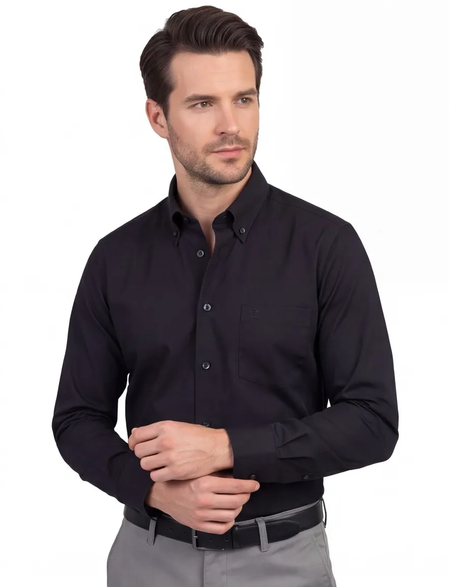Ledub modern fit overhemd stretch zwart effen