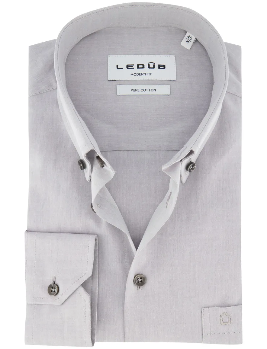 Ledub Overhemd Grijs button down boord strijkvrij