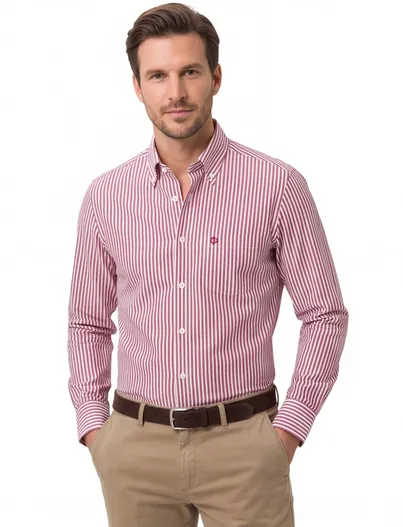 Ledub Ledub Modern Fit wit overhemd rood gestreept