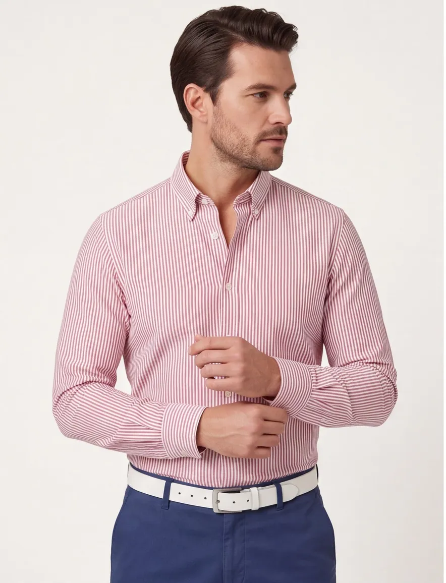 Ledub Overhemd Slim fit rood wit gestreept