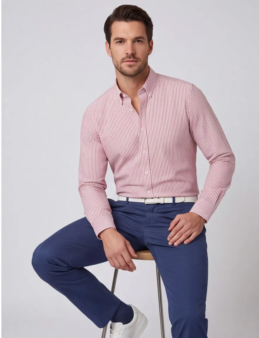 Ledub Overhemd Slim fit rood wit gestreept