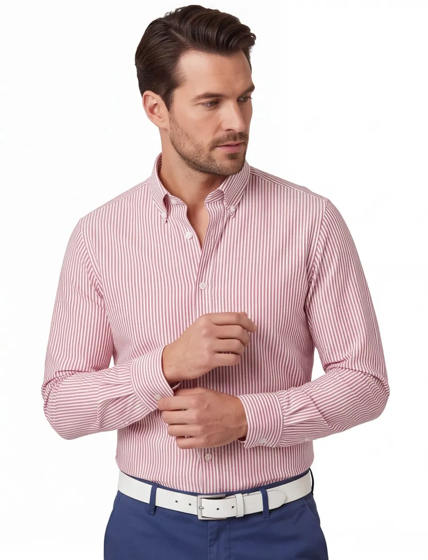 Ledub Overhemd Slim fit rood wit gestreept