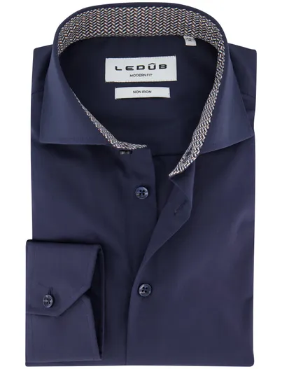 Ledub Ledub modern fit overhemd strijkvrij navy mouwlengte 7 100% katoen