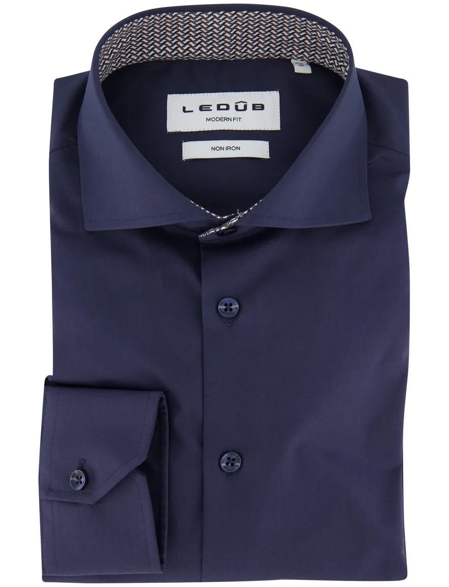 Ledub modern fit overhemd navy strijkvrij mouwlengte 7 effen