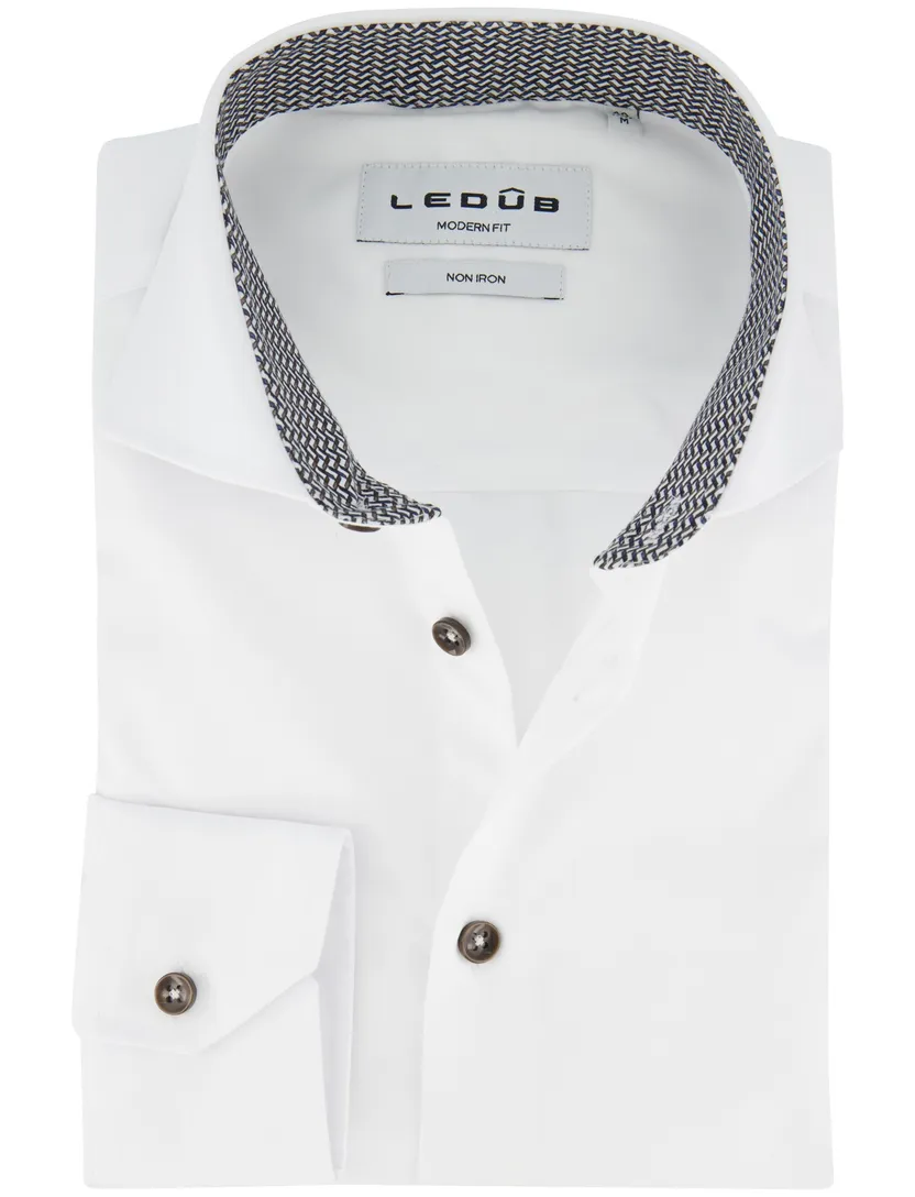 Ledub Overhemd strijkvrij Modern fit wit effen 100% katoen