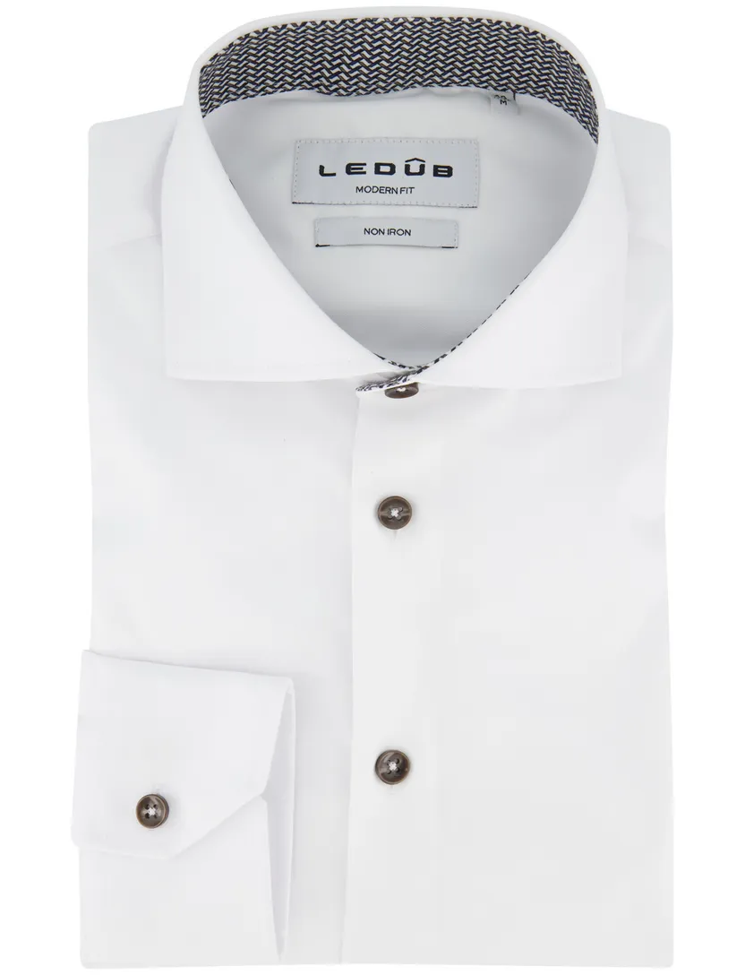 Ledub Overhemd strijkvrij Modern fit wit effen 100% katoen