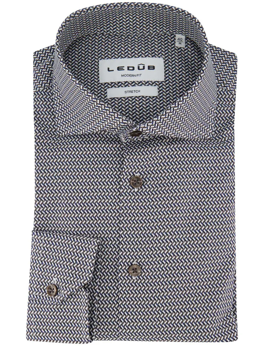 Ledub Overhemd Modern fit blauw geprint stretch