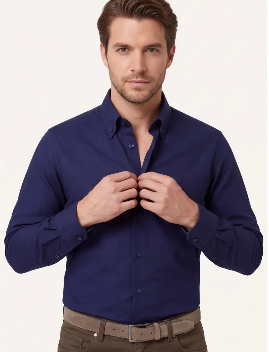 Ledub modern fit overhemd mouwlengte 7 donkerblauw effen
