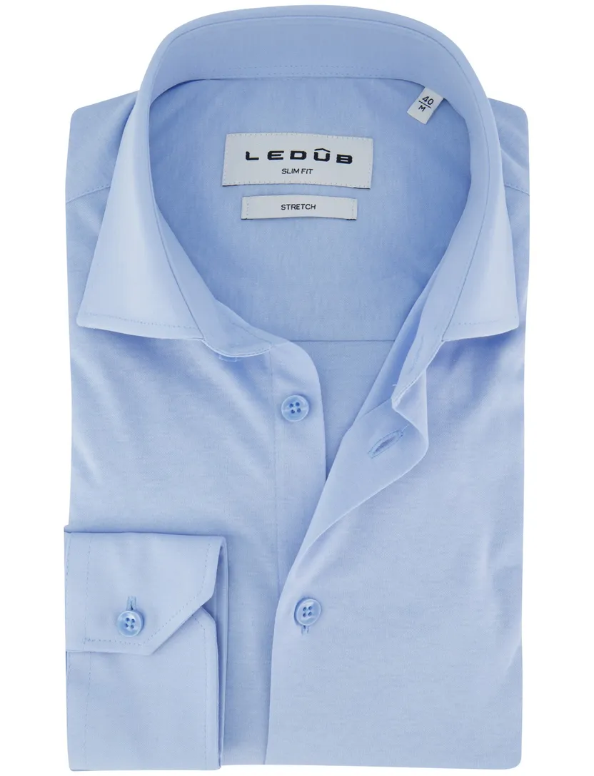 Ledub slim fit overhemd jersey mouwlengte 7 lichtblauw effen