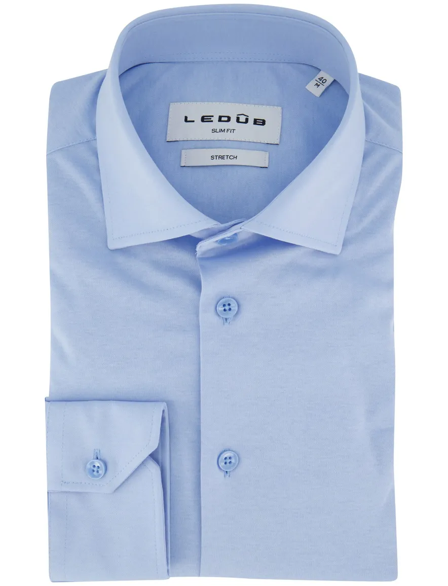 Ledub slim fit overhemd jersey mouwlengte 7 lichtblauw wide collar
