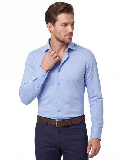 Ledub Ledub slim fit overhemd jersey mouwlengte 7 lichtblauw wide collar