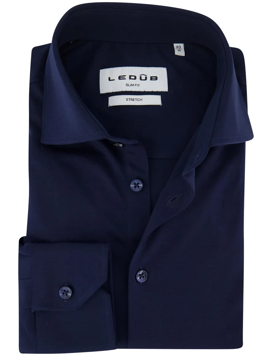 Ledub Overhemd Slim fit donkerblauw stretch