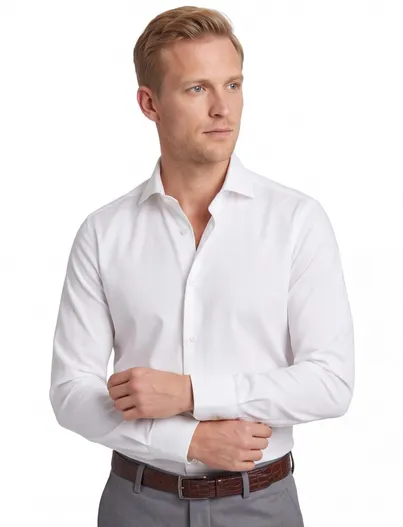 Ledub Ledub slim fit overhemd jersey mouwlengte 7 wit 100% katoen