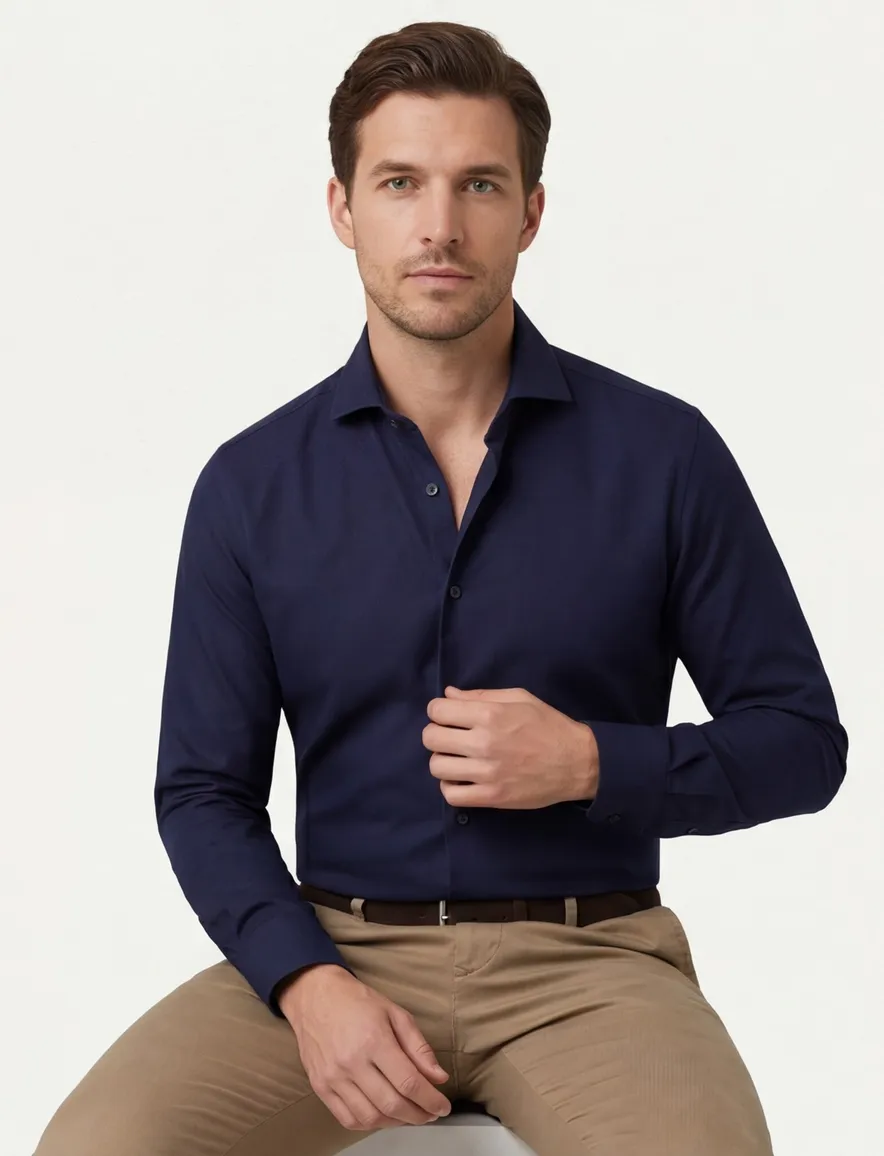 Overhemd John Miller Slim Fit donkerblauw wolblend