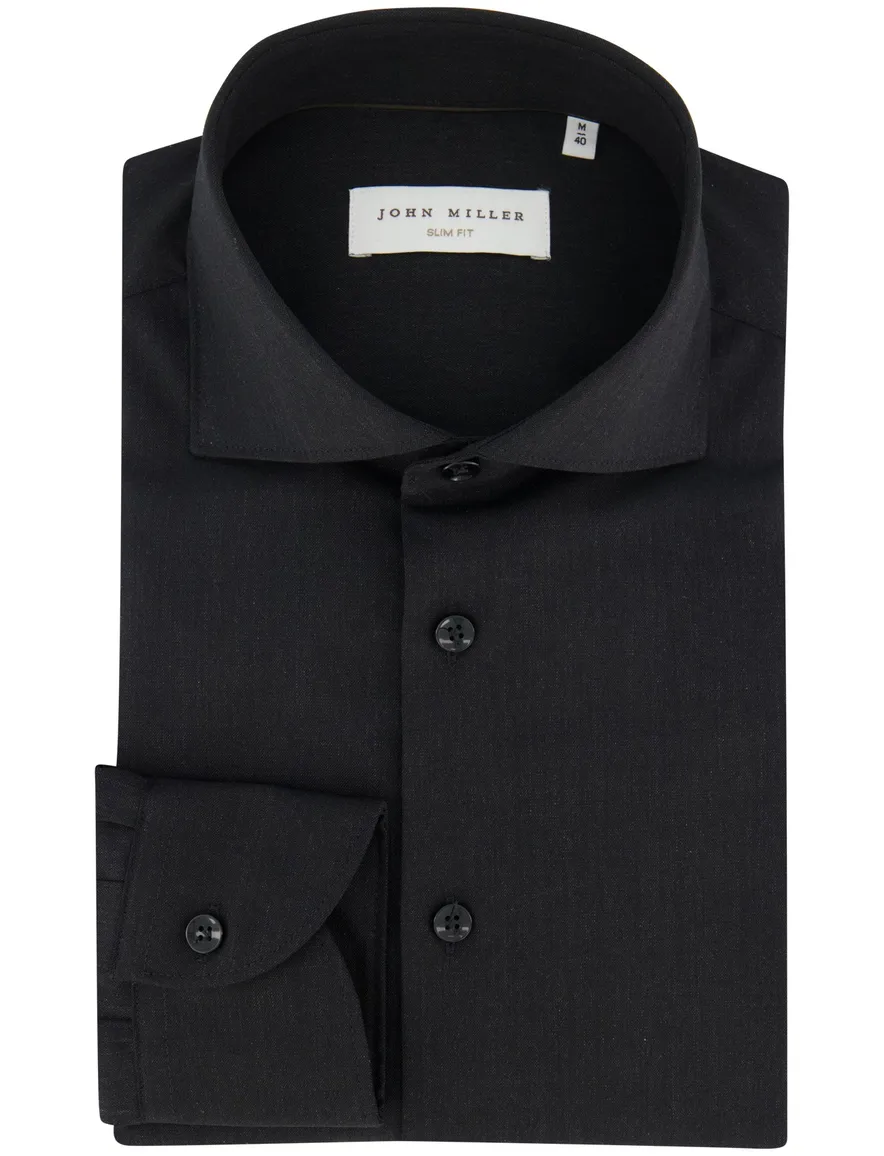 John Miller Slim Fit overhemd zwart wolblend