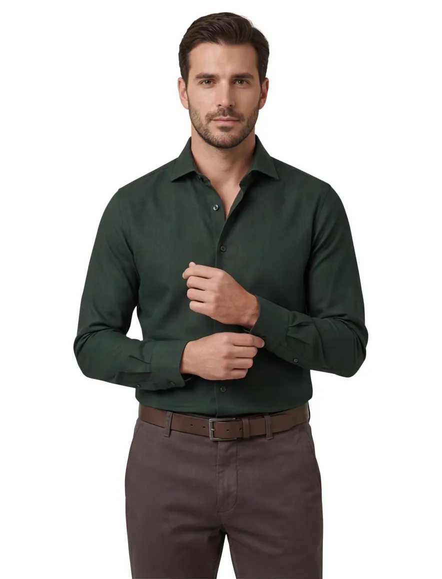Overhemd John Miller Slim Fit donkergroen wolblend